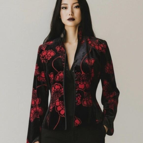 Romantic Goth Silk Blend Velvet Burnout Evening Jacket Floral Statement - Picture 1 of 15